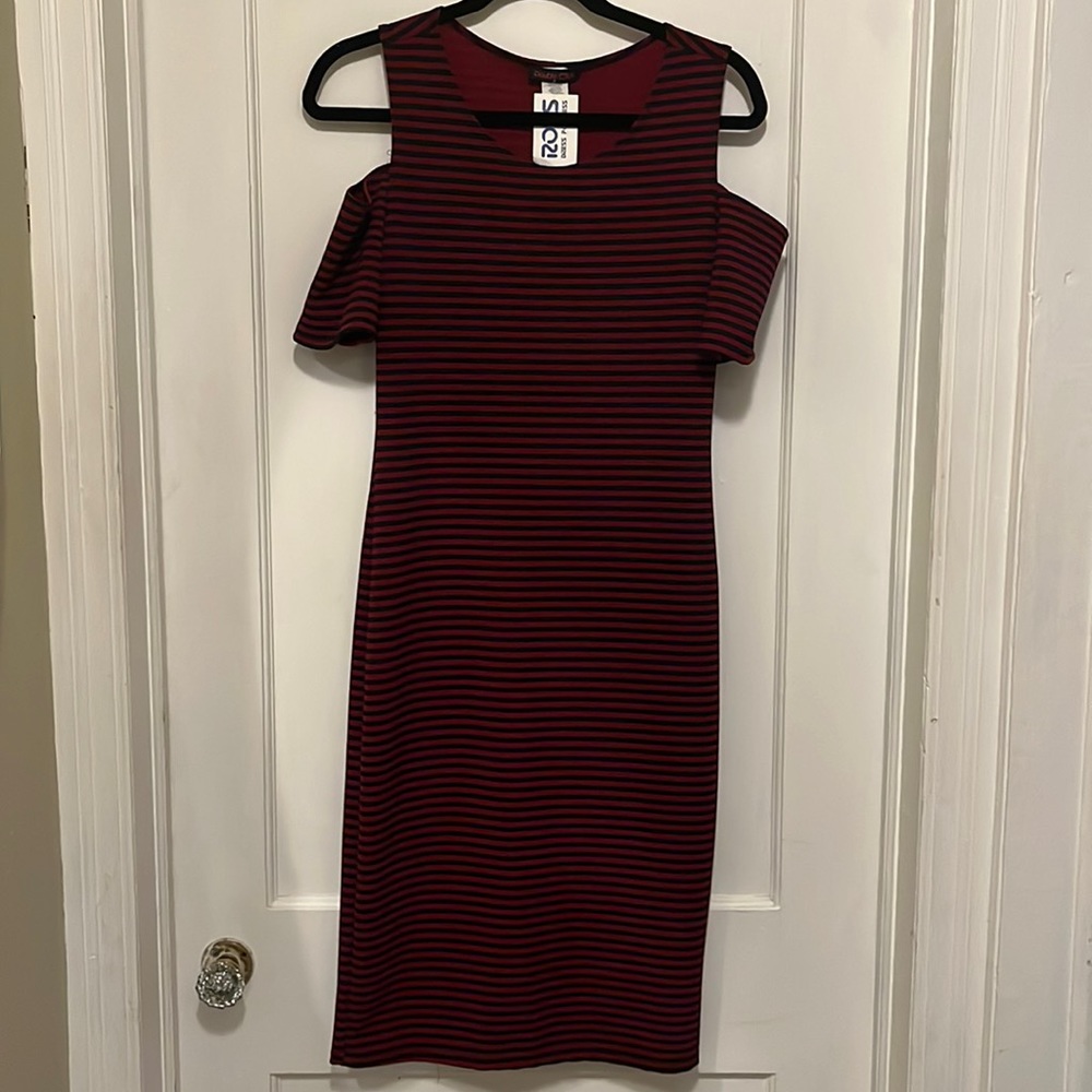 NWT black and red striped cold-shoulder dress